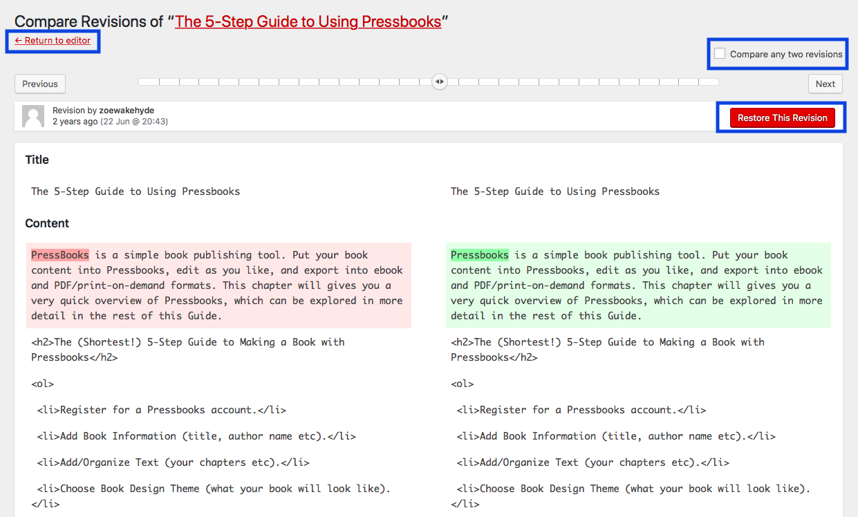 The Compare Revisions page showing revision history of a chapter