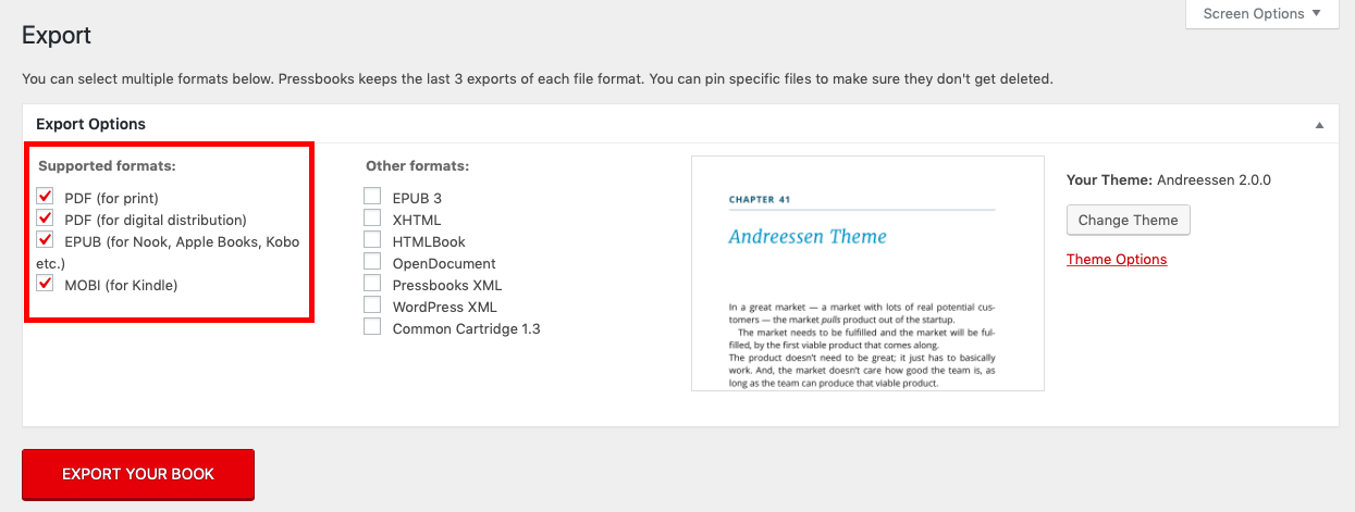 Supported export formats available from the Exports page