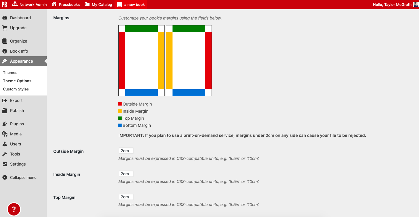 Margin setting on the PDF Options page